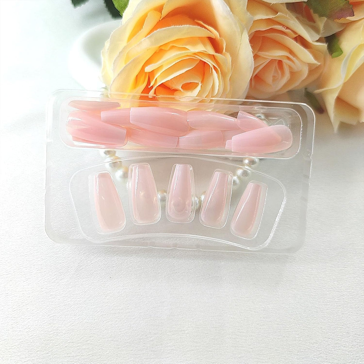 Coffin Press on Nails Medium White Gradient False Nails with Glossy Design Glue on Nails Light Pink Transparent Fake