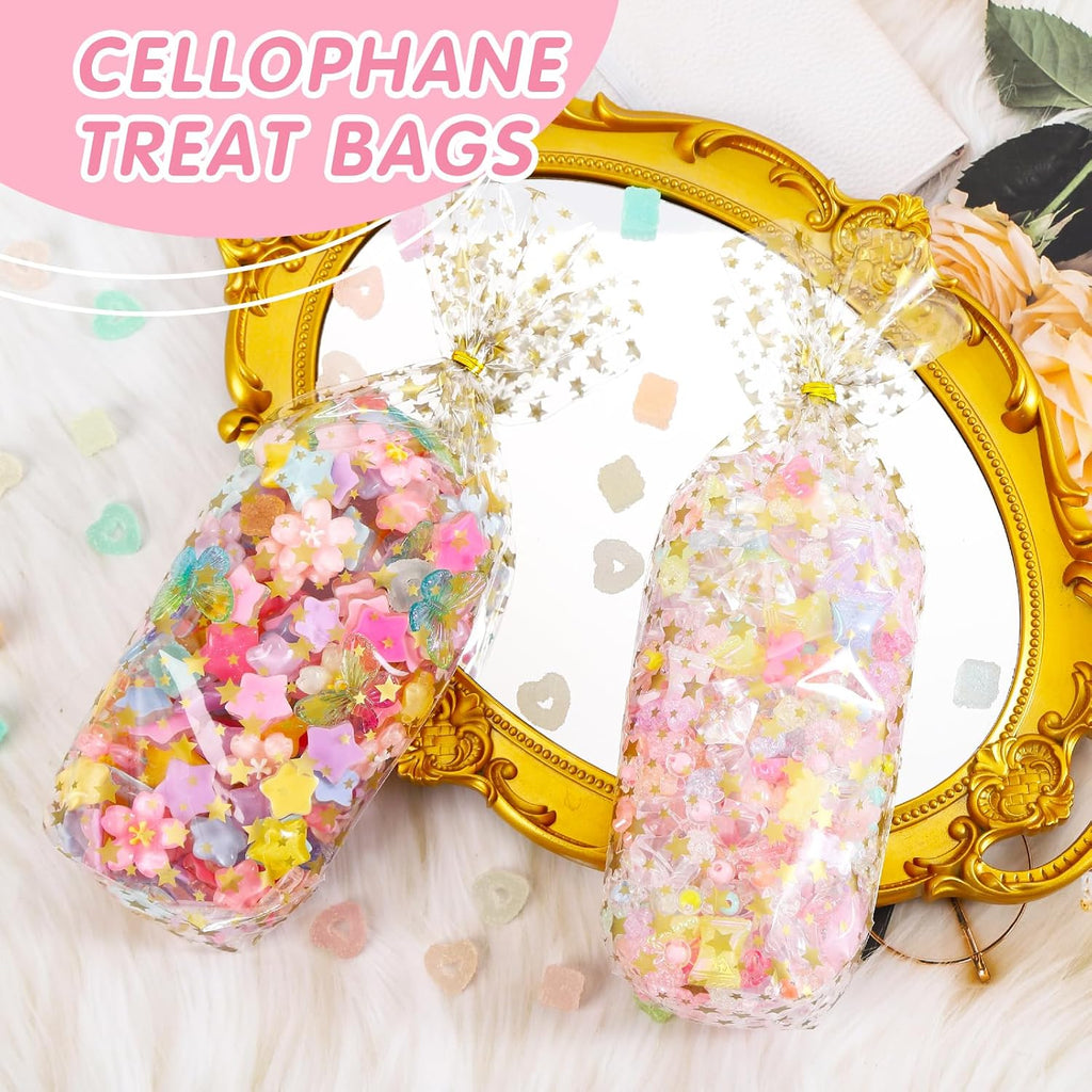 Gold Star Flat Bottom Gusset Cellophane Bags 5X 11 IN 100 PCS Clear Cellophane Gift Bags Party Favor Bags Cello