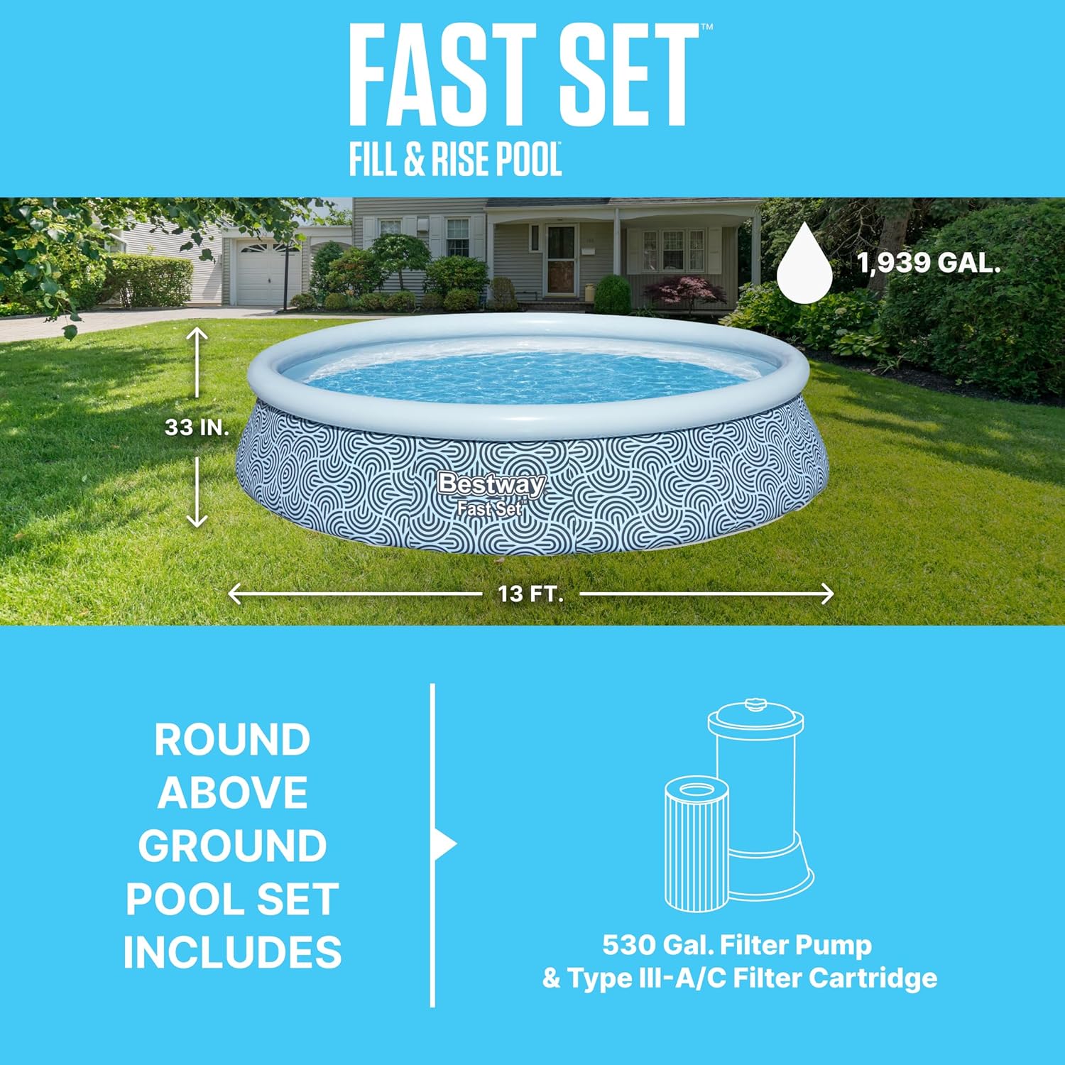 Fast Set 13' x 33" Round Inflatable Above Ground Swimming Pool Set, Outdoor Family Pool with Filter Pump, Rattan Print