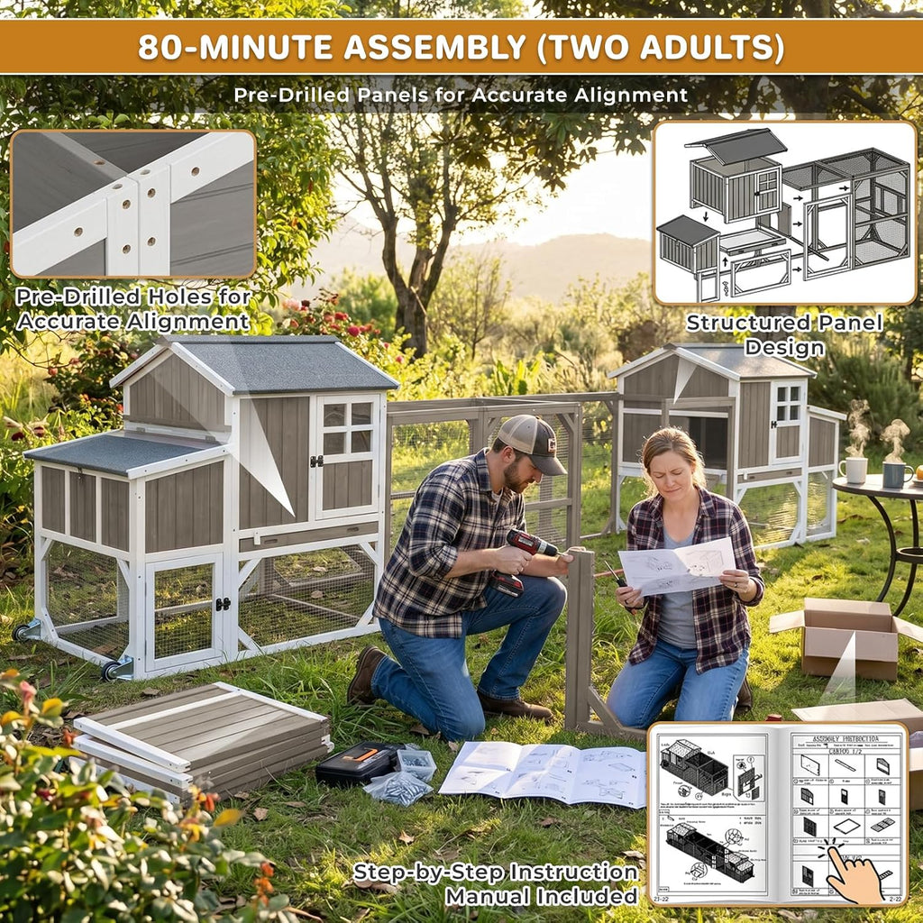 190.6" Double Outdoor Chicken Coop with Run and Wheels for 8-12 Chickens