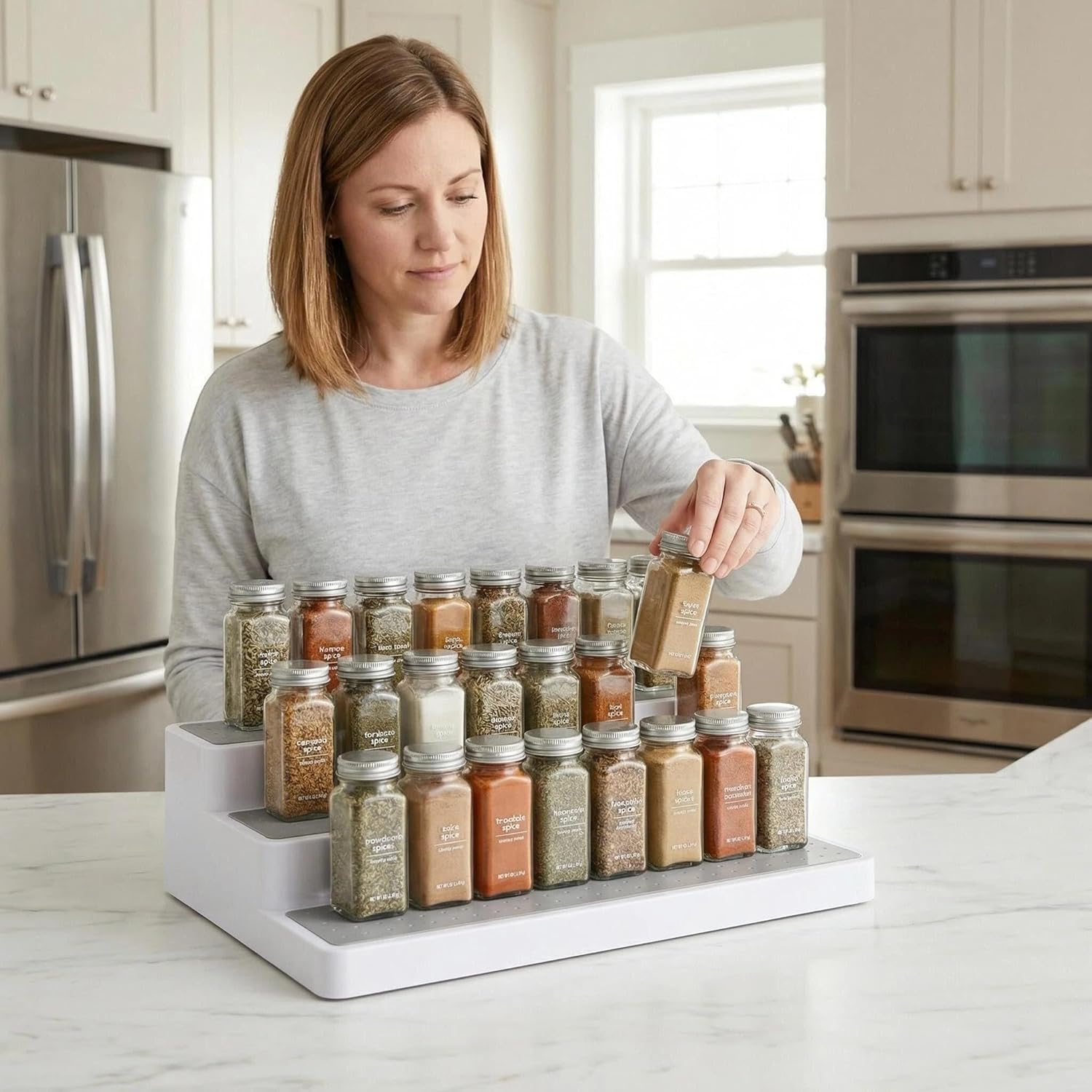 3 Tier Spice Rack Organizer for Cabinet, 3 Pack Non-Slip Spice Rack Shelf Organizer, Holds 24+ Jars, Plastic Spice