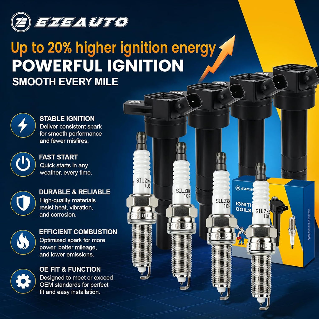 Ezexpreze UF651 Set of 4 Ignition Coil Pack (2-pin) and 93815 Iridium Spark Plugs Compatible with Hyundai Elantra