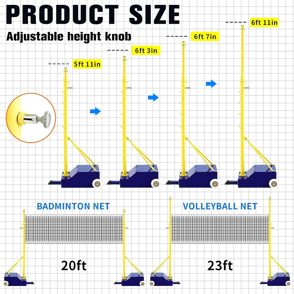 Volleyball Poles for Backyard with Net, Indoor Outdoor Heavy Duty Adjustable 4 Heights of 5-6.8 Foot with Wheels for