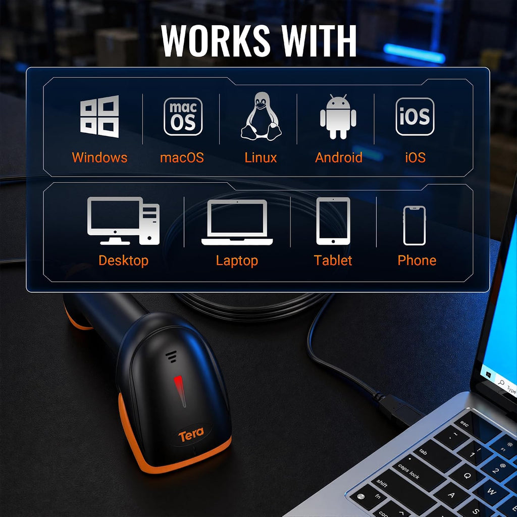 Barcode Scanner Wireless with Stand: 1D 2D QR 3-in-1 Connection HW0001 | 640*480 CMOS Rolling, 2.4G BT USB, 2200mAh