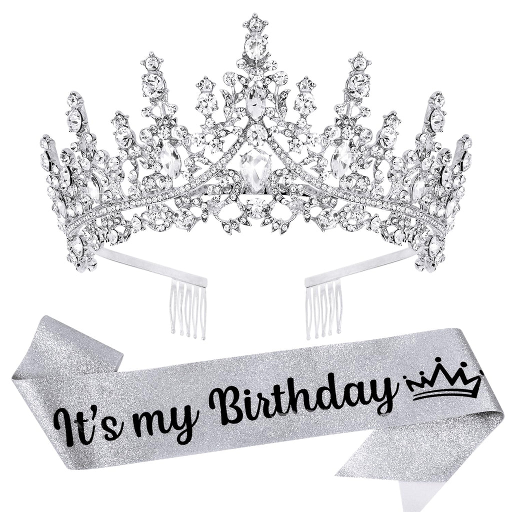 Silver Crystal Birthday Tiara Crowns for Women Girls It's My Birthday Sash Queen Girls Princess Crown with Combs