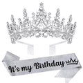 Silver Crystal Birthday Tiara Crowns for Women Girls It's My Birthday Sash Queen Girls Princess Crown with Combs