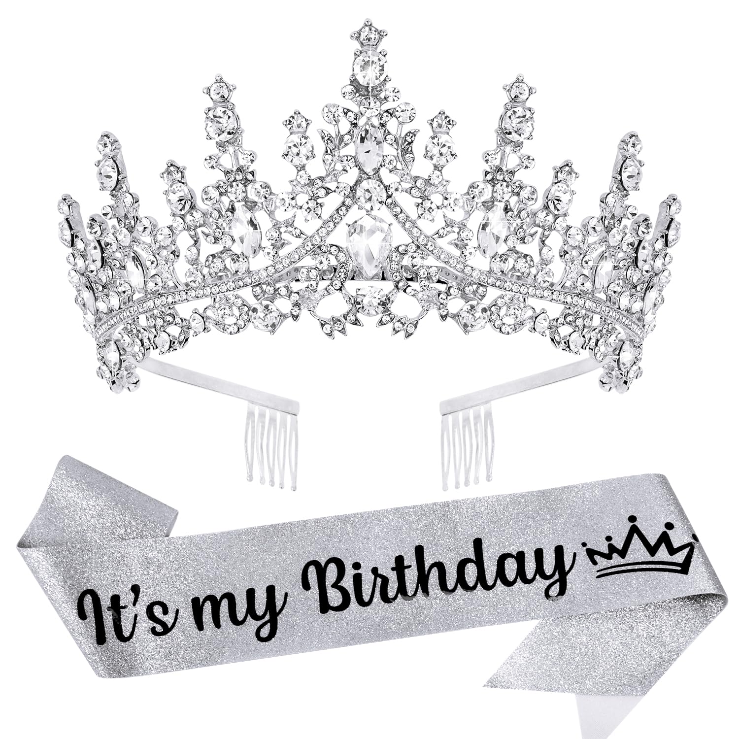 Silver Crystal Birthday Tiara Crowns for Women Girls It's My Birthday Sash Queen Girls Princess Crown with Combs
