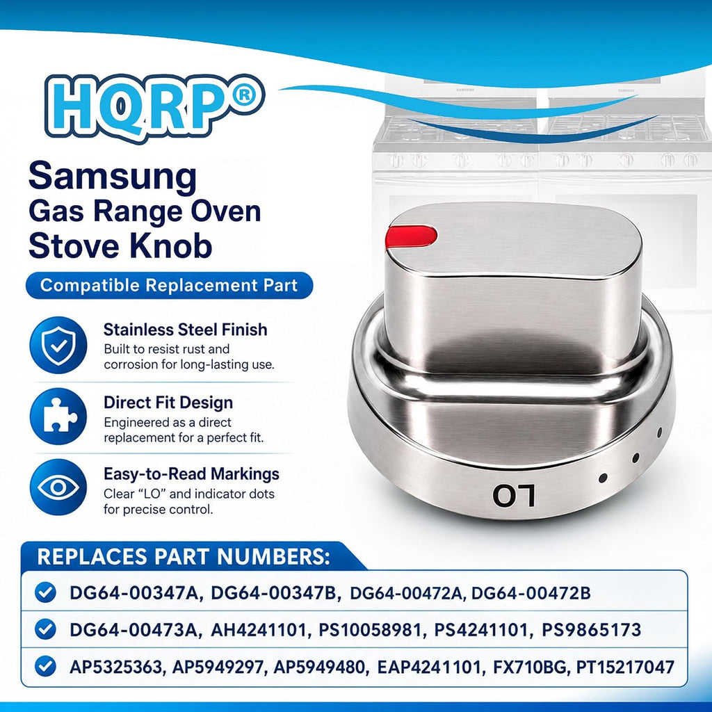 HQRP 5-Pack Burner Dial Range Knob for Samsung FX510BFGS FX510BGS FX710BGS NX583G0VBSR NX58F5300SS NX58F5500SS NX58H5600SS Gas Oven Stove