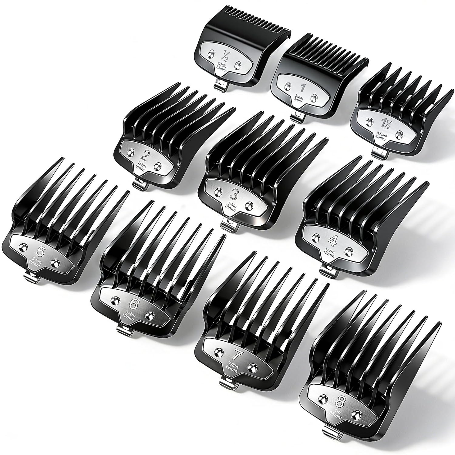 Clipper Guards Set Compatible with Most Wahl Clipper, Black, 10 pcs | Replacement Cutting Guides, 1/16" to 1", 10
