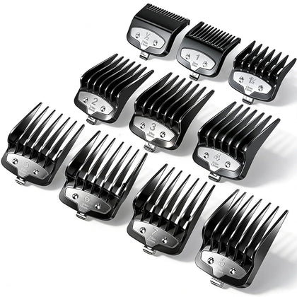 Clipper Guards Set Compatible with Most Wahl Clipper, Black, 10 pcs | Replacement Cutting Guides, 1/16" to 1", 10