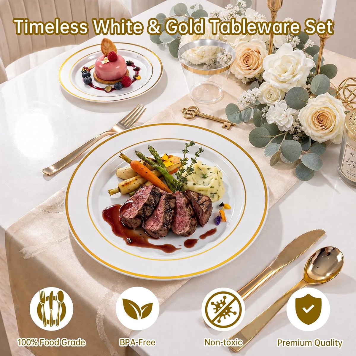 350PCS Gold Plastic Dinnerware Set for 50 Guests