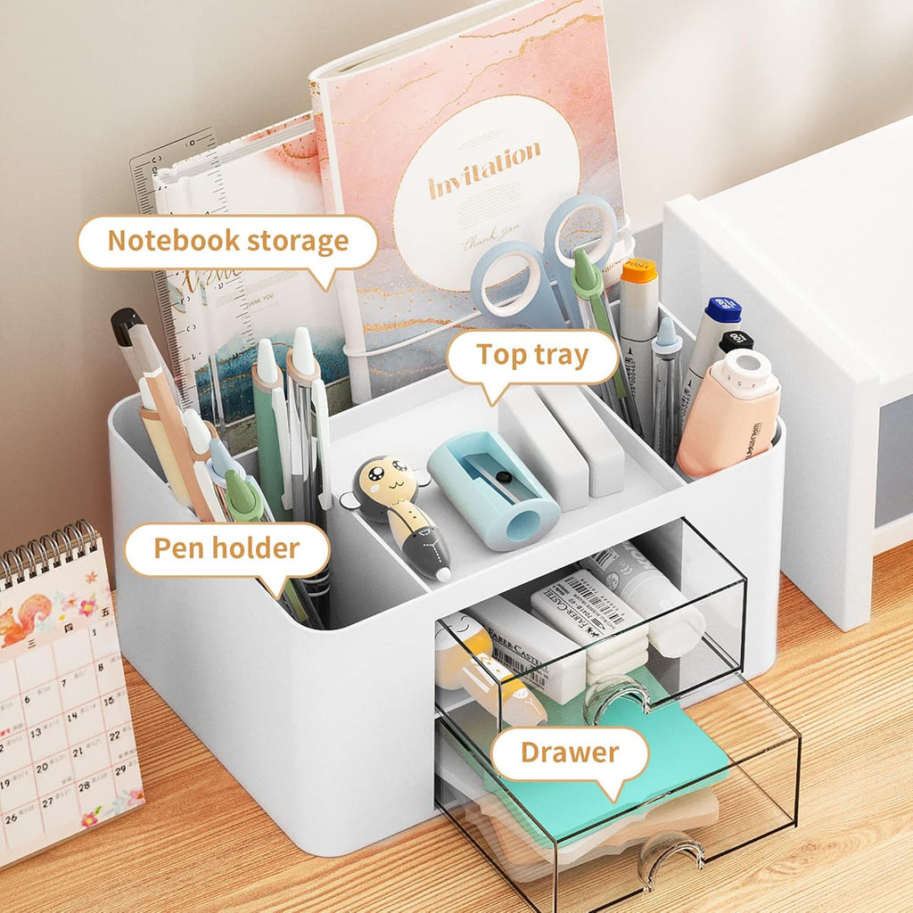 Pen Organizer with 2 Drawer, Multi-Functional Pencil Holder for Desk, Desk Organizers and Accessories with 5