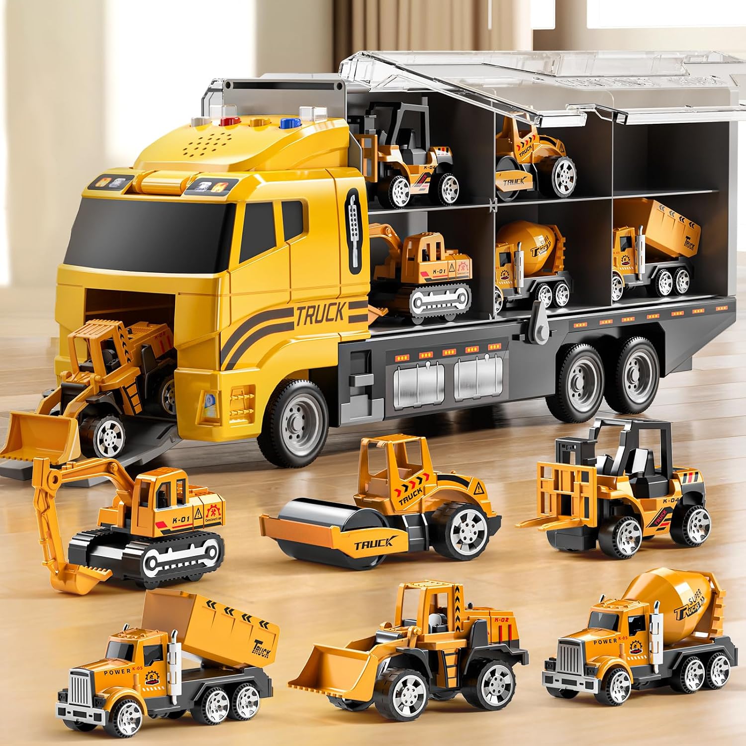 Toddler Boys Construction Truck Vehicle Toy Set with Play Mat and Die-Cast Toy Car, Transport Carrier Truck for Kids