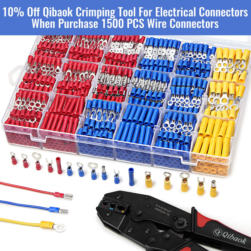 1500pcs Wire Connectors - Insulated Electrical Wire Terminals (Copper) - Ring, Butt, Spade, Fork Connector Kit - Red
