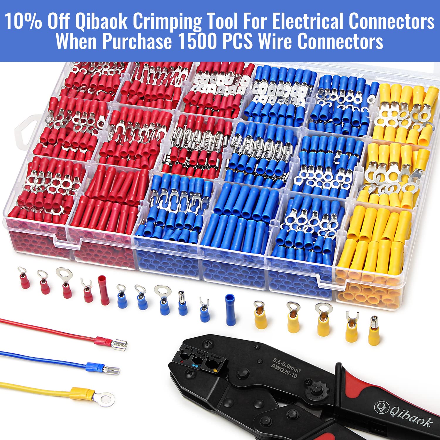 1500pcs Wire Connectors - Insulated Electrical Wire Terminals (Copper) - Ring, Butt, Spade, Fork Connector Kit - Red