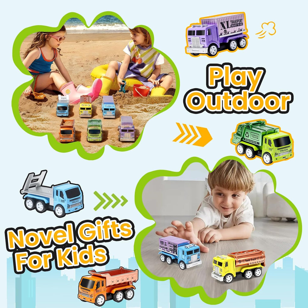 6 Diecast Trucks Toy Vehicle Set, Pull Back Cars with Movable Parts | Die-cast Mental Details, Mini Pull Back Toy