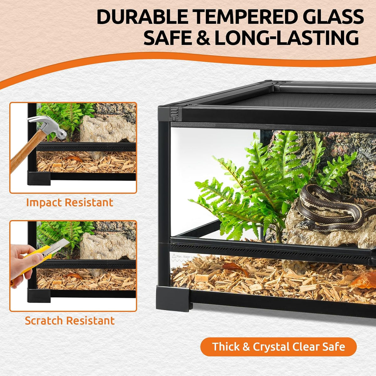 20 Gallon Tempered Glass Reptile Tank, 33" x 15" x 9" Reptile Terrarium with Sliding Door Top Screen Ventilation