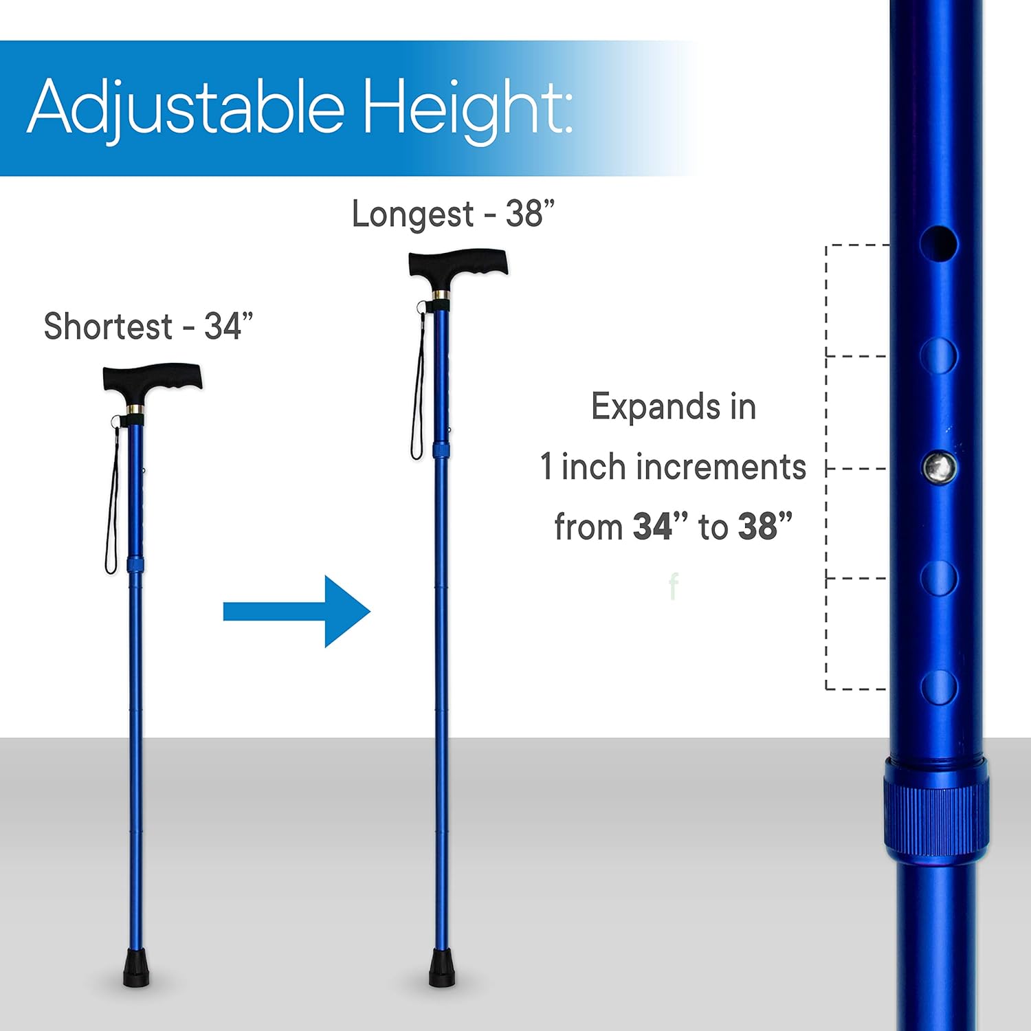 Folding Cane - Foldable Walking Cane with Adjustable Height - Collapsible and Lightweight - Soft Ergonomic Handle for