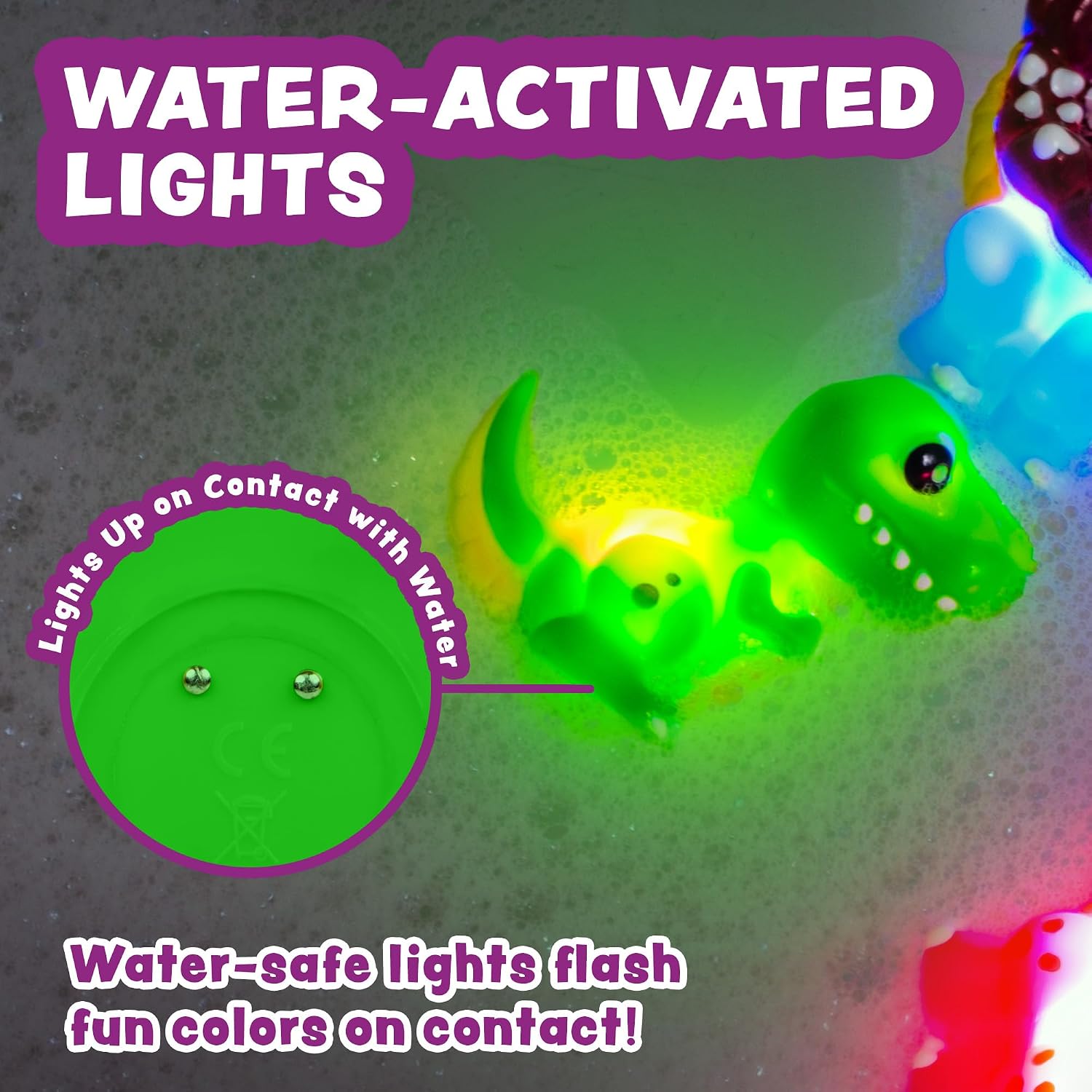 Dinos Dinosaur Light Up Bath Toys, 6 Pack | Water-Activated Light Up Toys Flash & Change Color | Easy-Grip Baby &