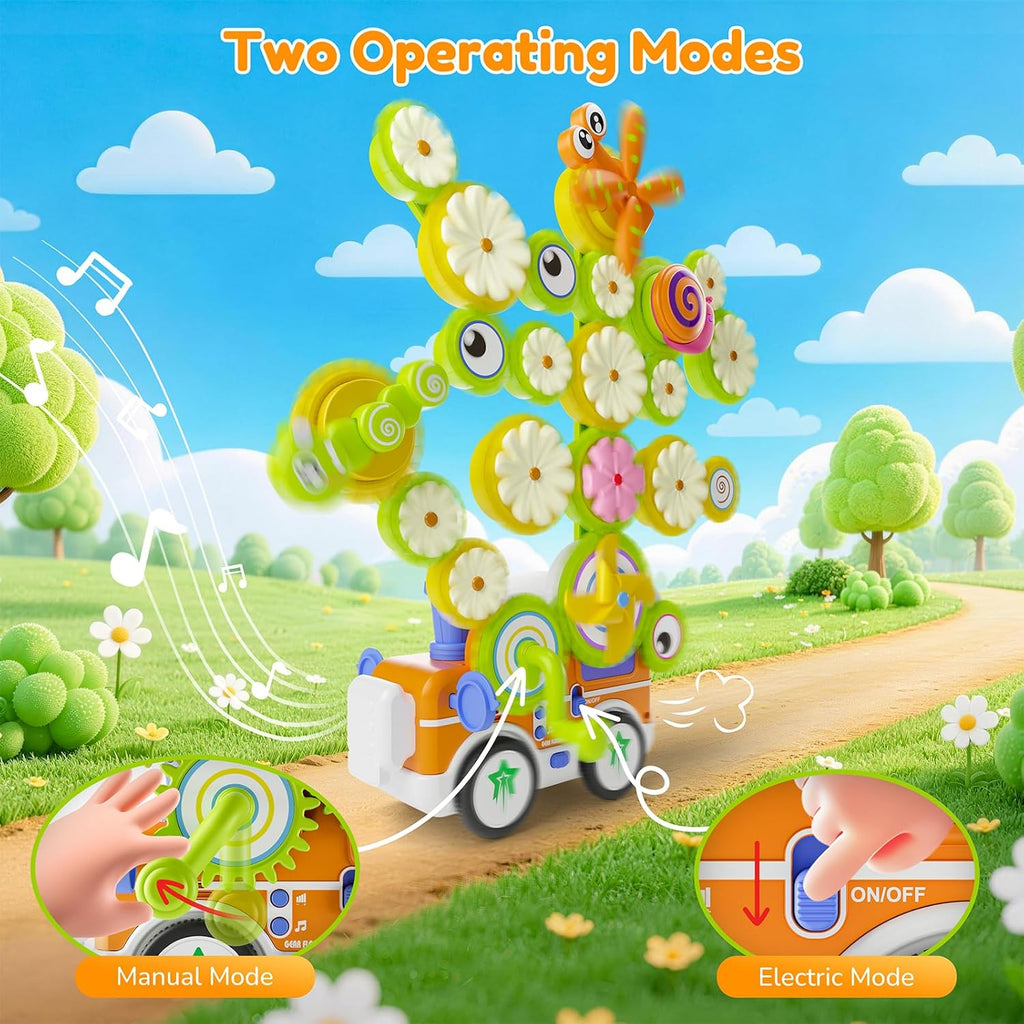 Gears Building Toys for Kids Ages 3+, STEM Construction Set for Toddlers, Train and Flower Models with Electric &