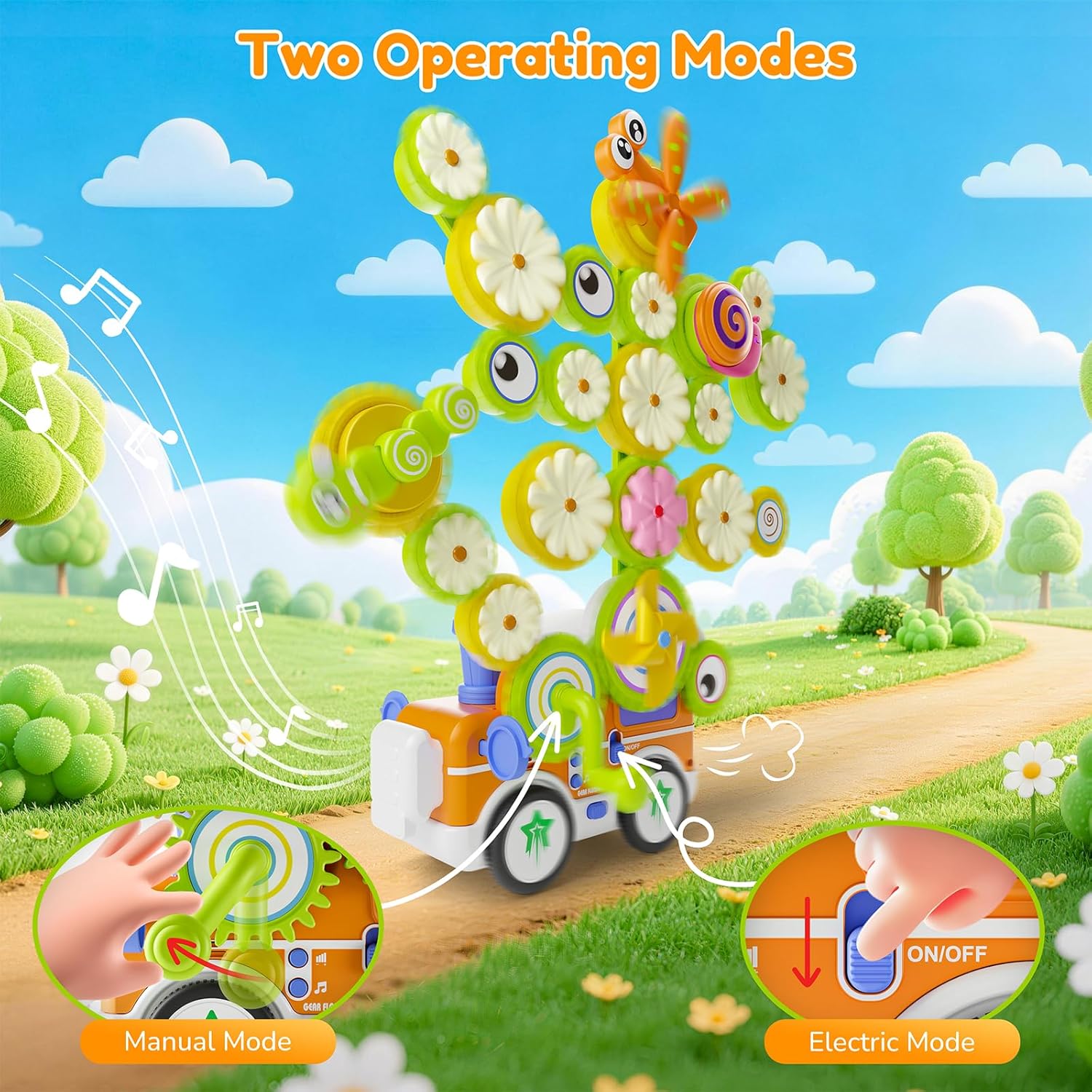 Gears Building Toys for Kids Ages 3+, STEM Construction Set for Toddlers, Train and Flower Models with Electric &