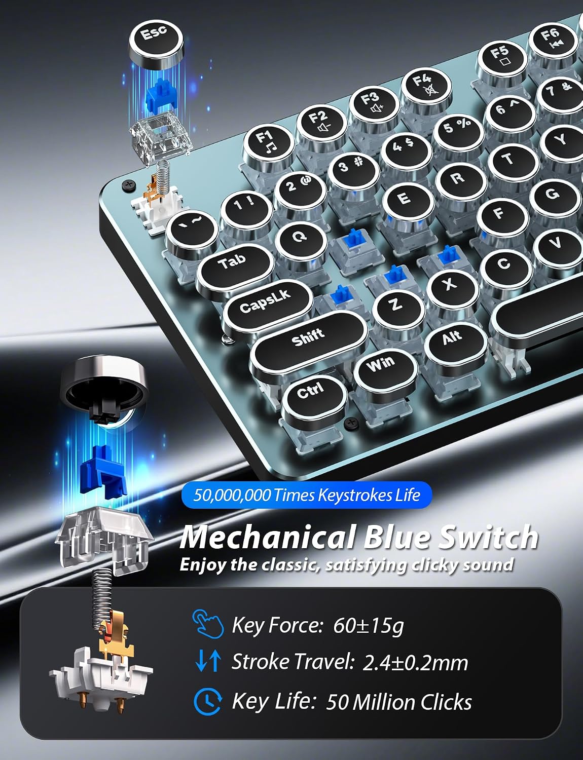 Typewriter Style Mechanical Gaming Keyboard Blue Switch, Rainbow LED Backlit Wired Computer Keyboards Mouse and Pad