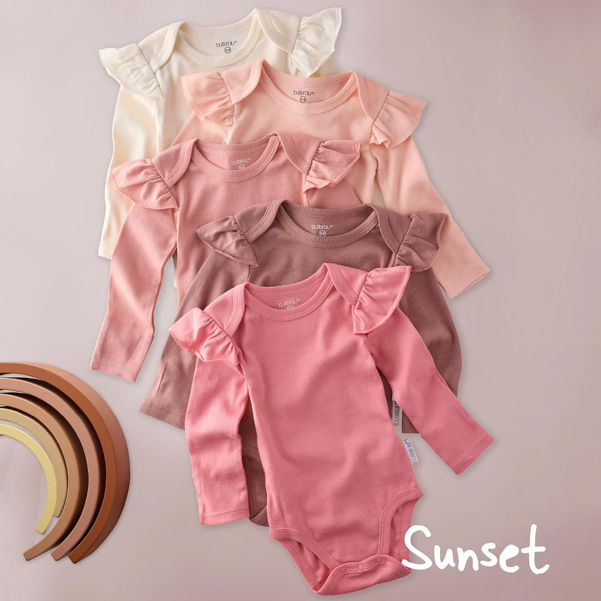 Ashley 5-Pack Long Sleeve Ruffle Shoulder Bodysuits 100% Cotton