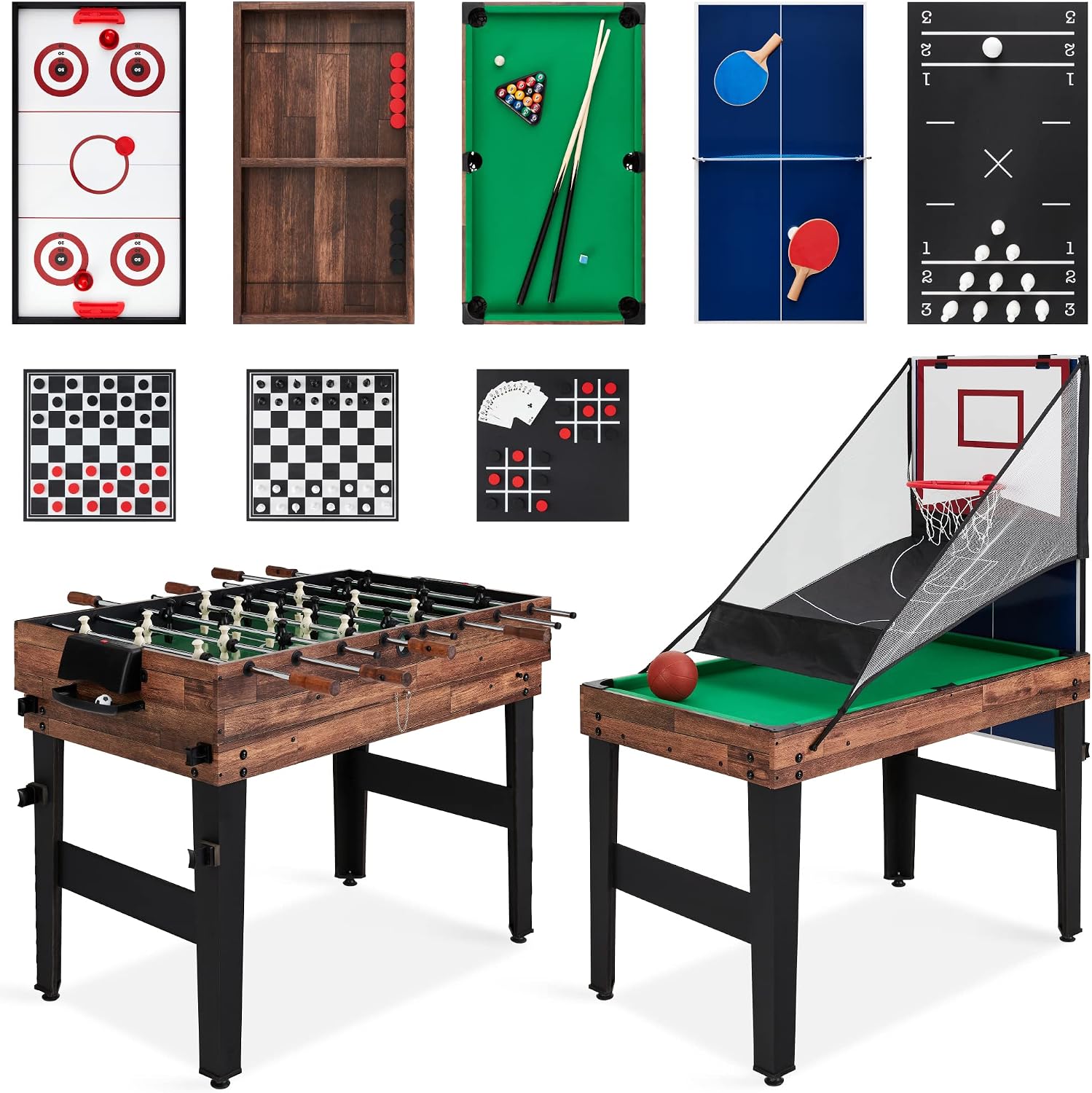Combo Game Table Set for Home, Game Room, Friends & Family w/Ping Pong, Foosball, Basketball, Air Hockey, Archery