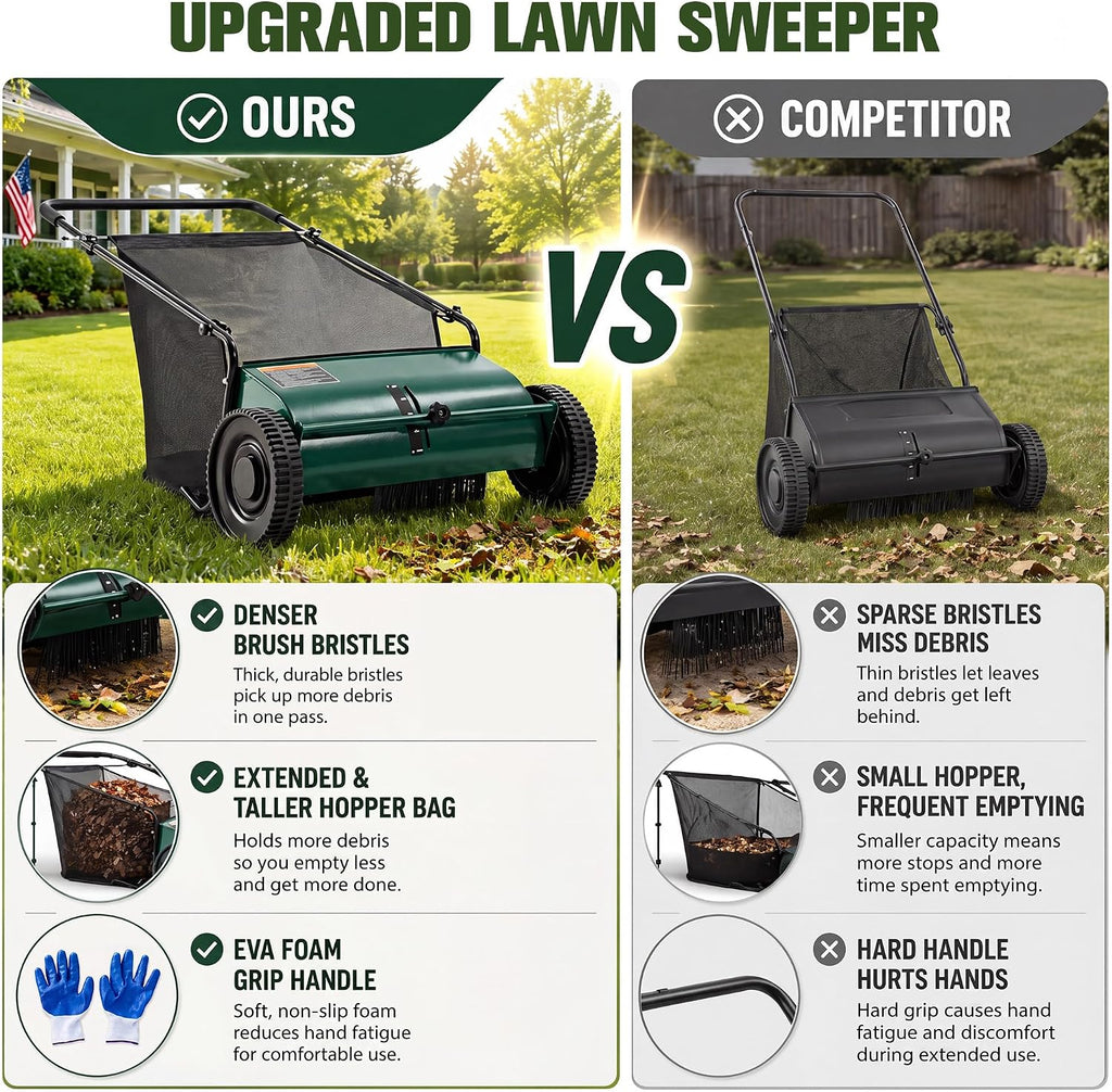 26" Push Lawn Sweeper with 8 Cuft Hopper Bag,Adjustable Brush Height, Green