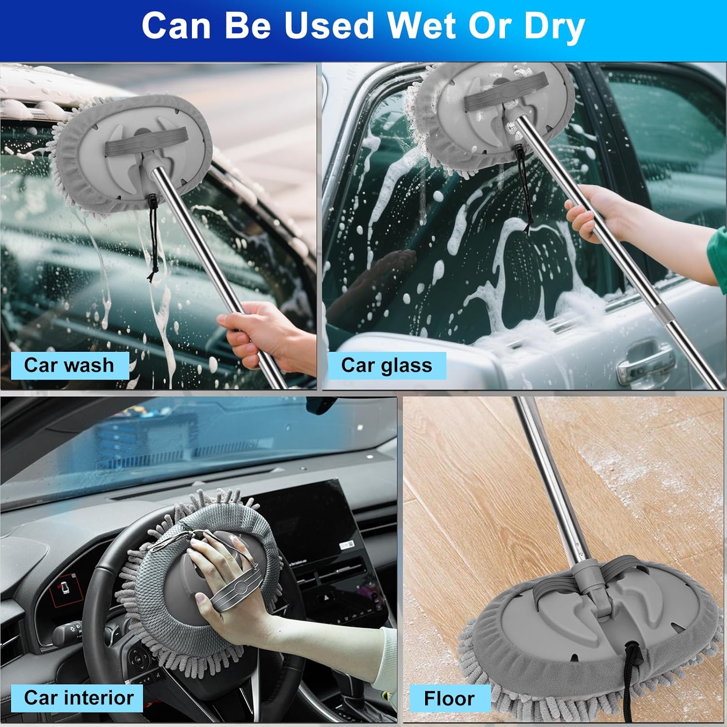 Car Wash Kit, 62'' Car Washing Brush with Long Handle, Extendable Car Wash Brush Mop with 2-in-1 Windshield Squeegee