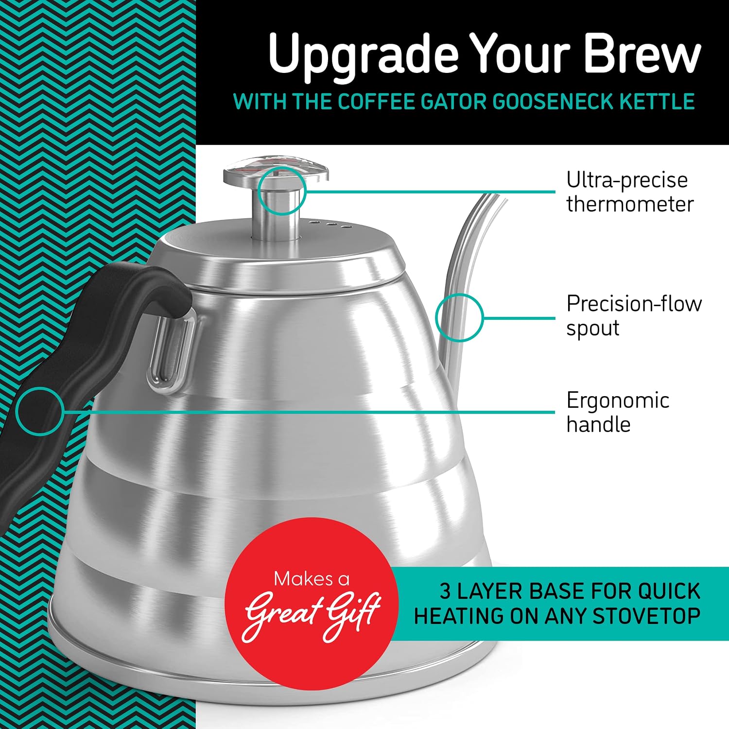 Gooseneck Kettle with Thermometer - 40oz Premium Stainless Steel Pour Over Coffee Maker Kettles, Stove Top