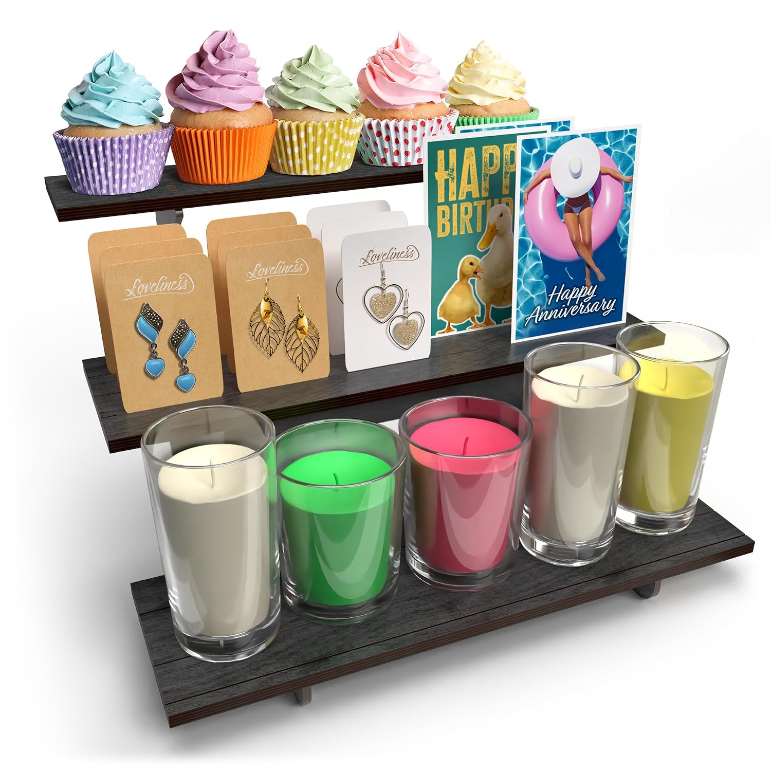 Wooden Tiered Display Stand, 3 Tier Display Table for Vendor Events | Portable Products Shelf, Jewelry and Card Rack
