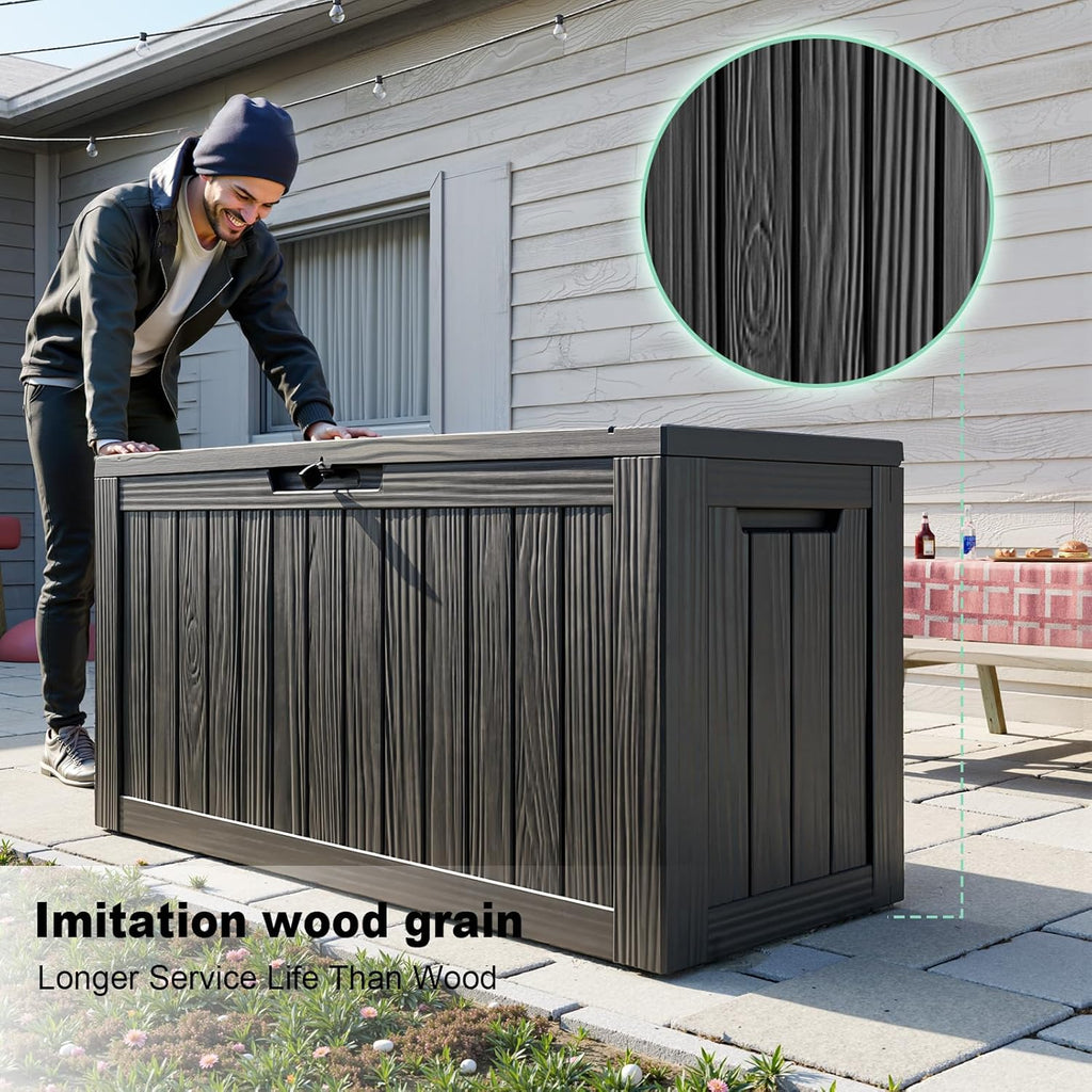 150 Gal Deck Box Waterproof Outdoor Storage Box Black | Resin Storage bin with Lids for Patio Garden, UV Resistant