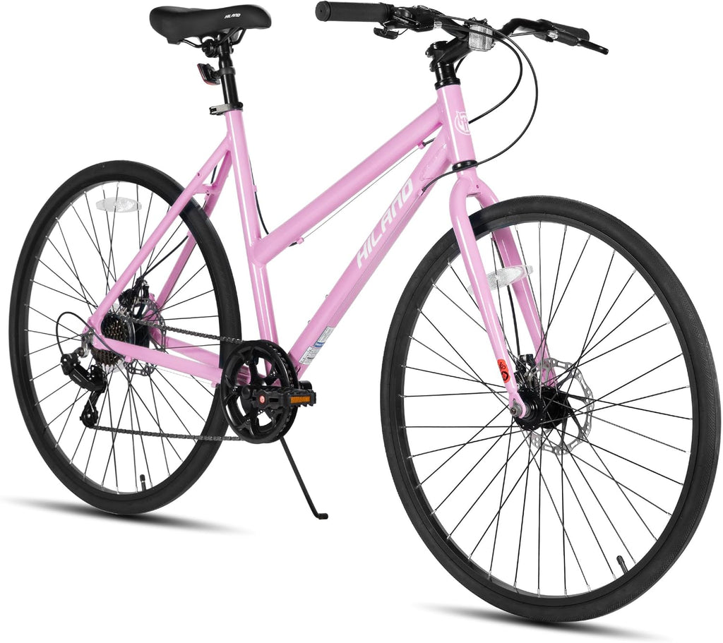 HILAND 700C Hybrid Bike, 7-Speed Urban Commuter Bicycle for Men & Women, Lightweight Aluminum Frame, Dual Disc