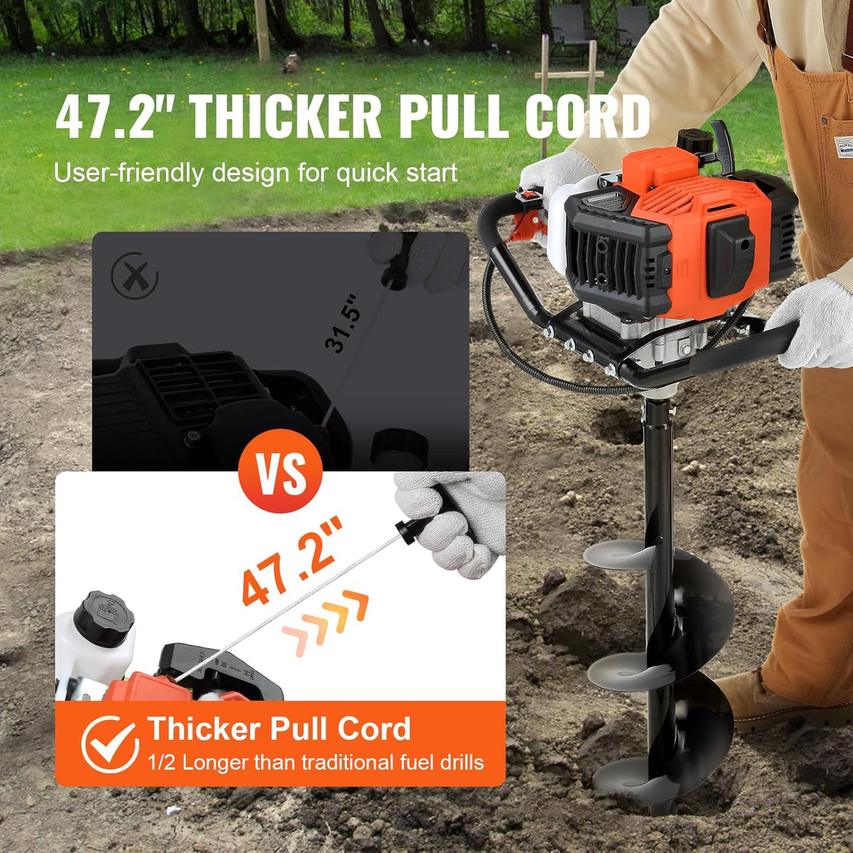 Post Hole Digger, 43cc 1250W Auger Post Hole Digger, Gas Powered Earth Digger with 8" Earth Auger Drill Bit, 30 inch