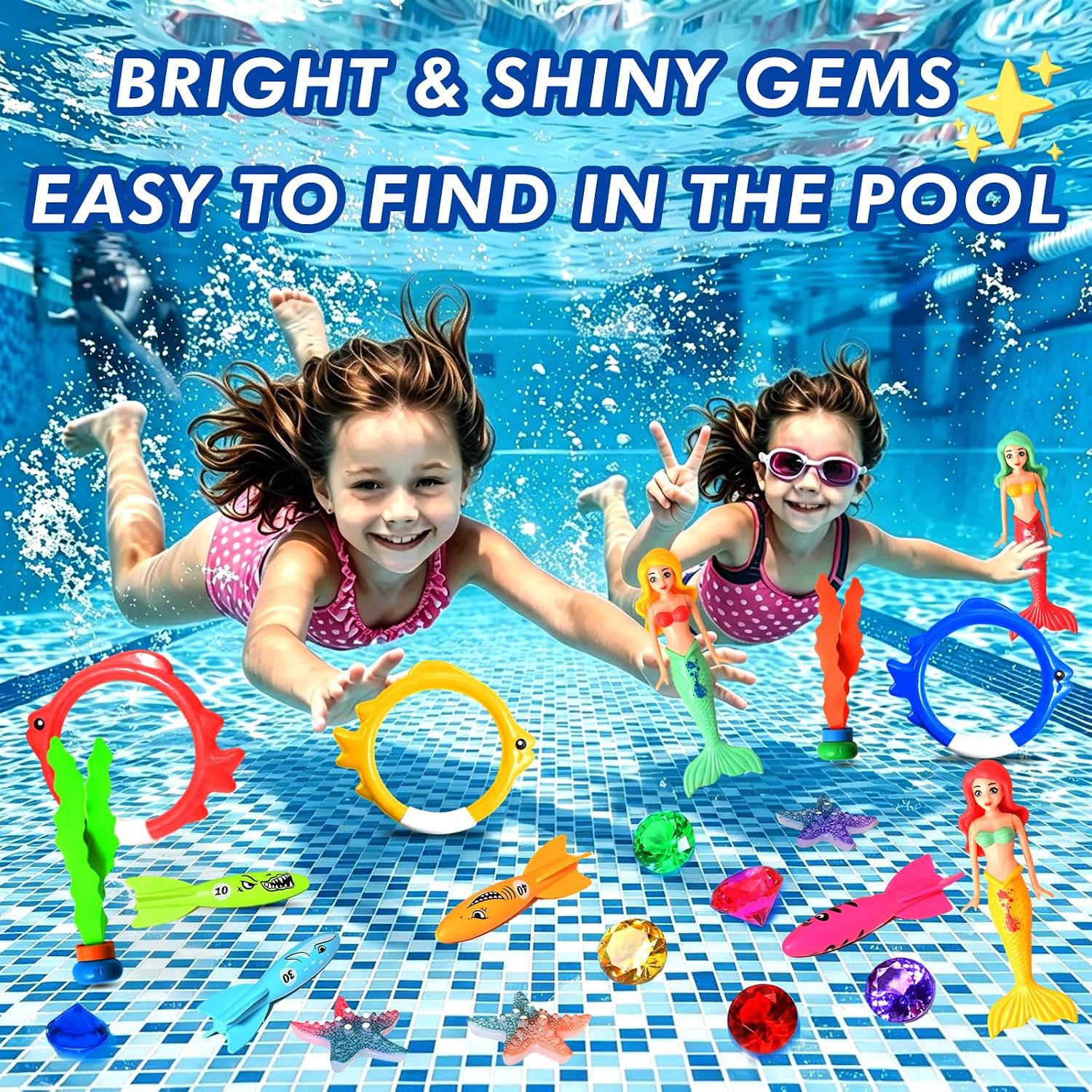Pool Diving Toys for Kids, Summer Swim Water Toys for Boys Girls, Mermaid, Colourful Torpedos, Diving Rings, Starfish