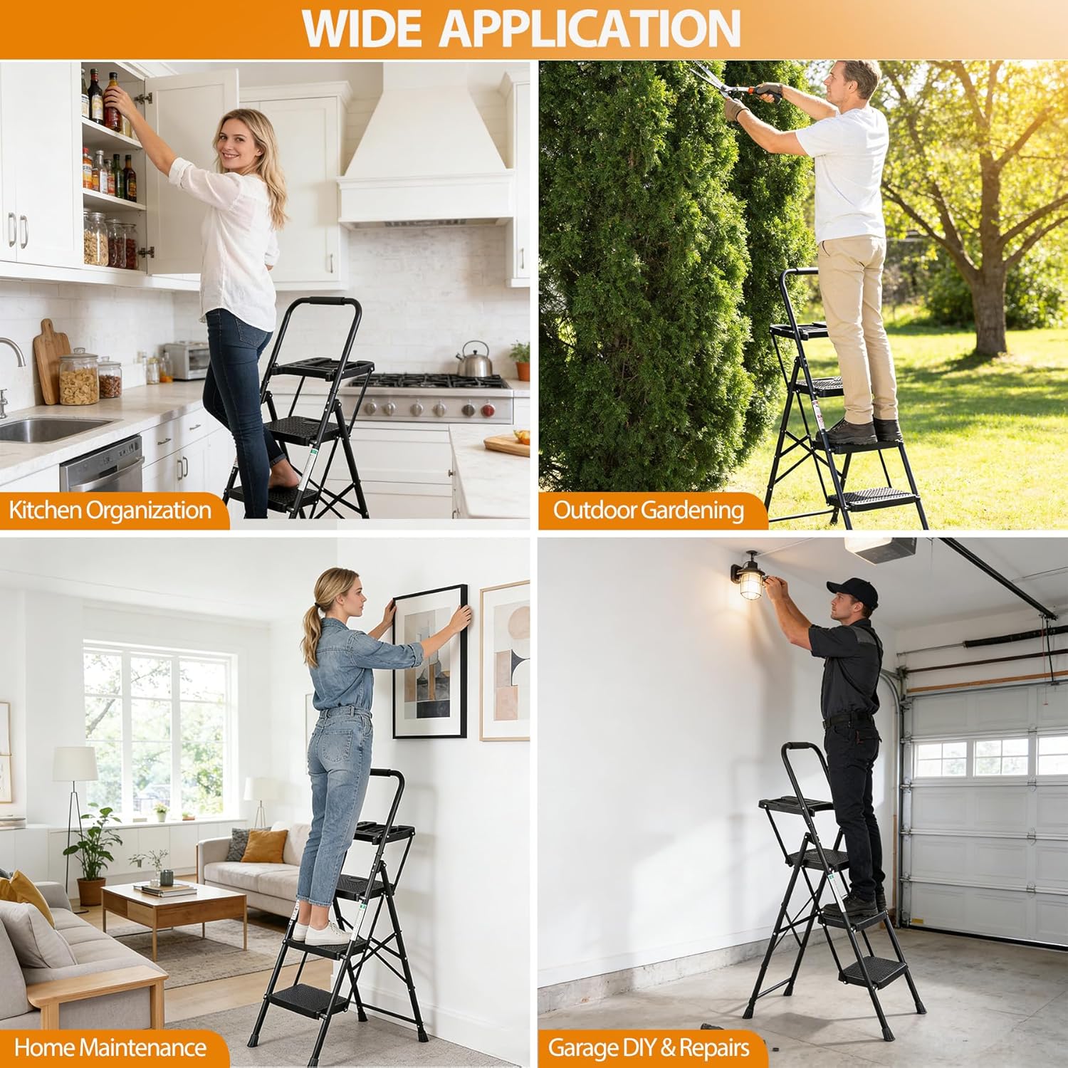 3 Step Ladder, Folding Step Stool for Adults, Portable Steel Ladder with Tool Platform, Wide Anti-Slip Pedal, Safety