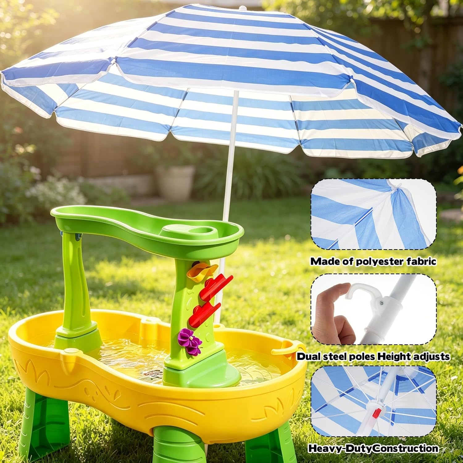 Water Table Umbrella Beach Umbrella & Picnic Table Shade for Kids, Blue White Striped Sandbox Parasol, Adjustable