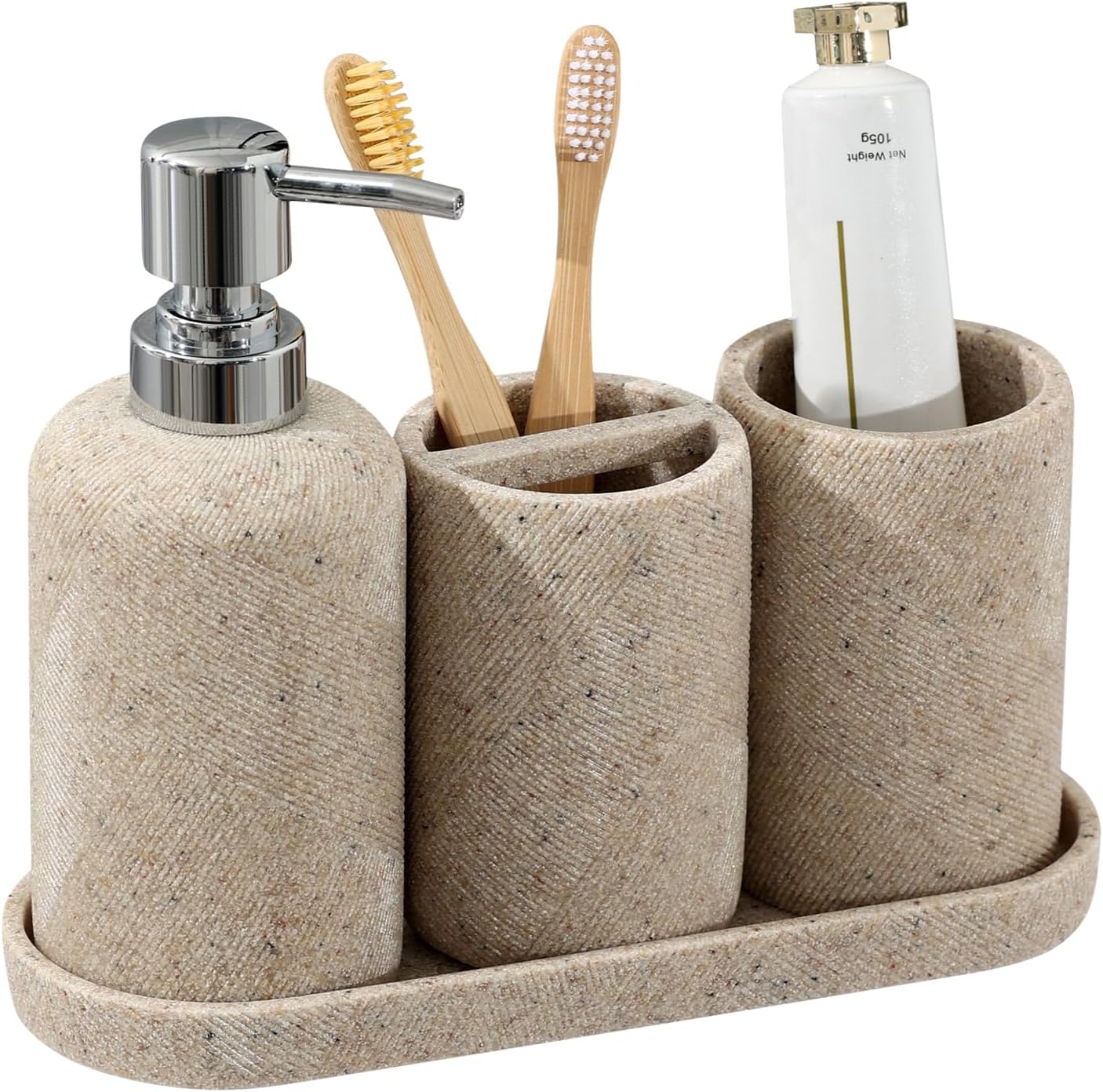 Bathroom Accessories Set,4 PCS Bathroom Organizer,Sand Stone Look,Beige | Simple, Modern Decor, Twill, With 10OZ Soap