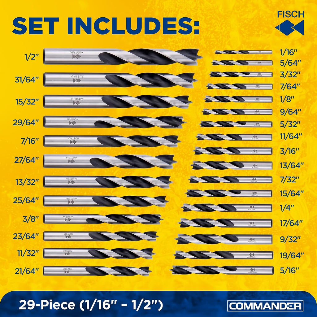 Brad Point Spiral Drill Bit Set Chrome Vanadium Sizes 1/16″–1/2″, 29 Pcs | Brad Point Drill Bit Set – Chrome Vanadium