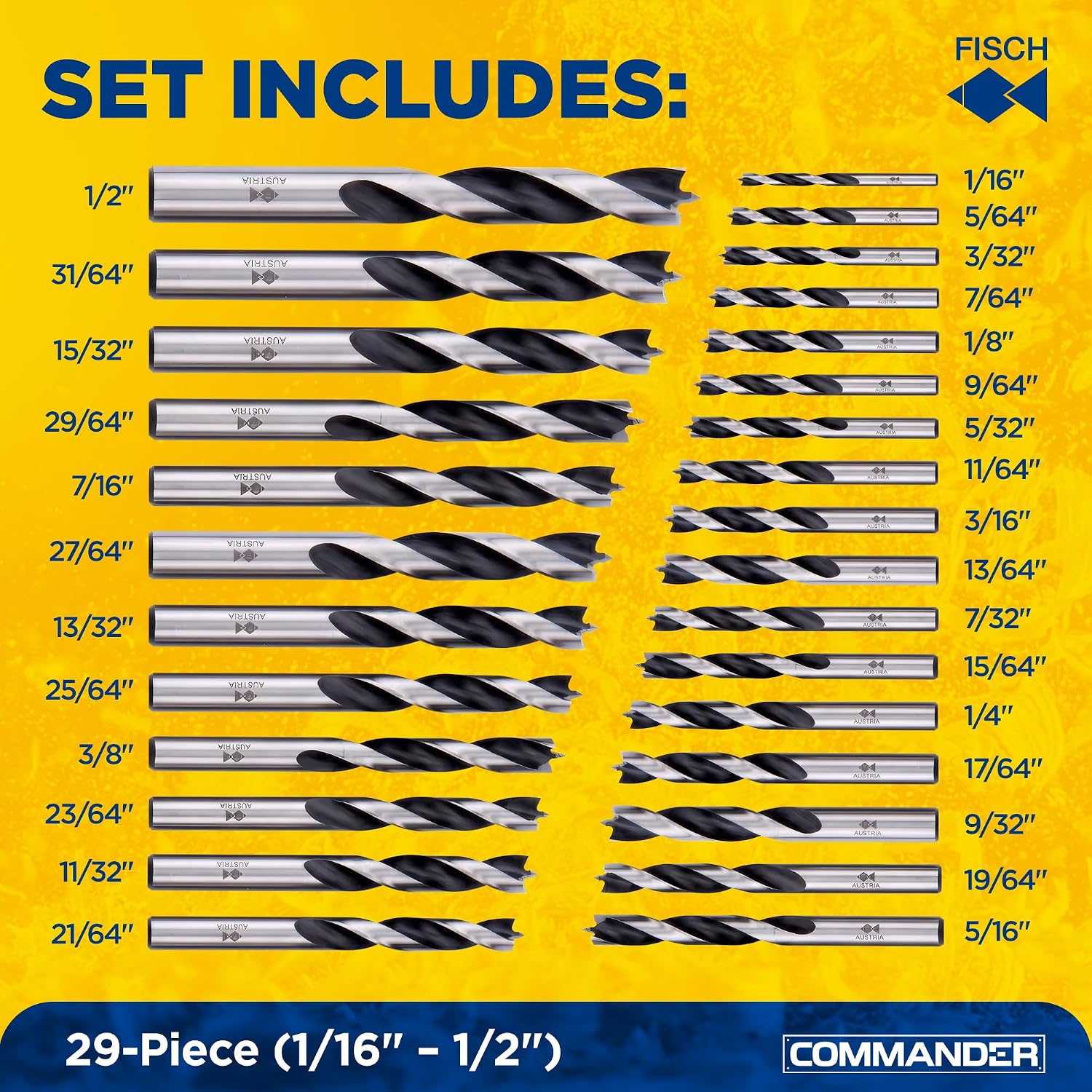 Brad Point Spiral Drill Bit Set Chrome Vanadium Sizes 1/16″–1/2″, 29 Pcs | Brad Point Drill Bit Set – Chrome Vanadium