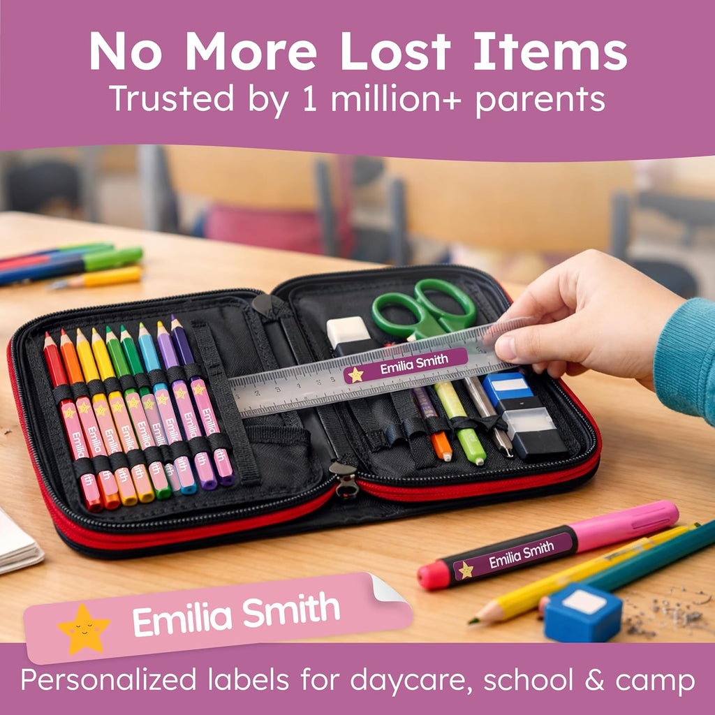 Personalized Kids Name Labels for Pencils Pink [75pcs] - Waterproof Name Stickers for School & Daycare - Pencil