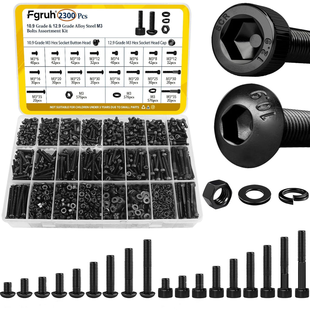 2300PCS M3 Hex Socket Head & Button Head Screws Nuts Assortment Kit