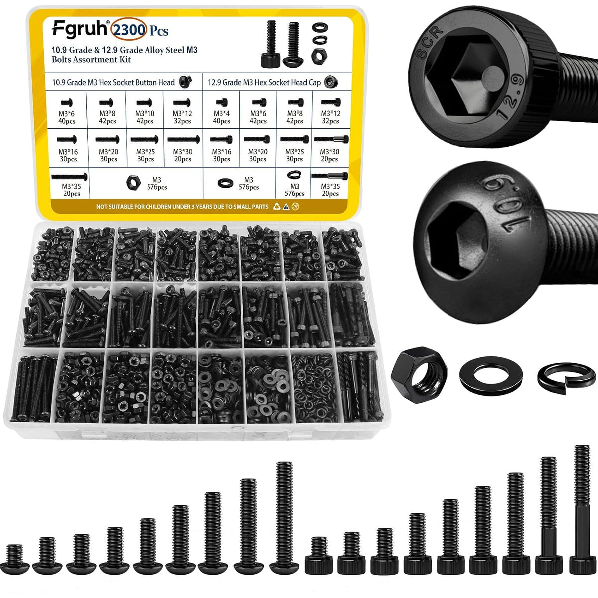 2300PCS M3 Hex Socket Head & Button Head Screws Nuts Assortment Kit