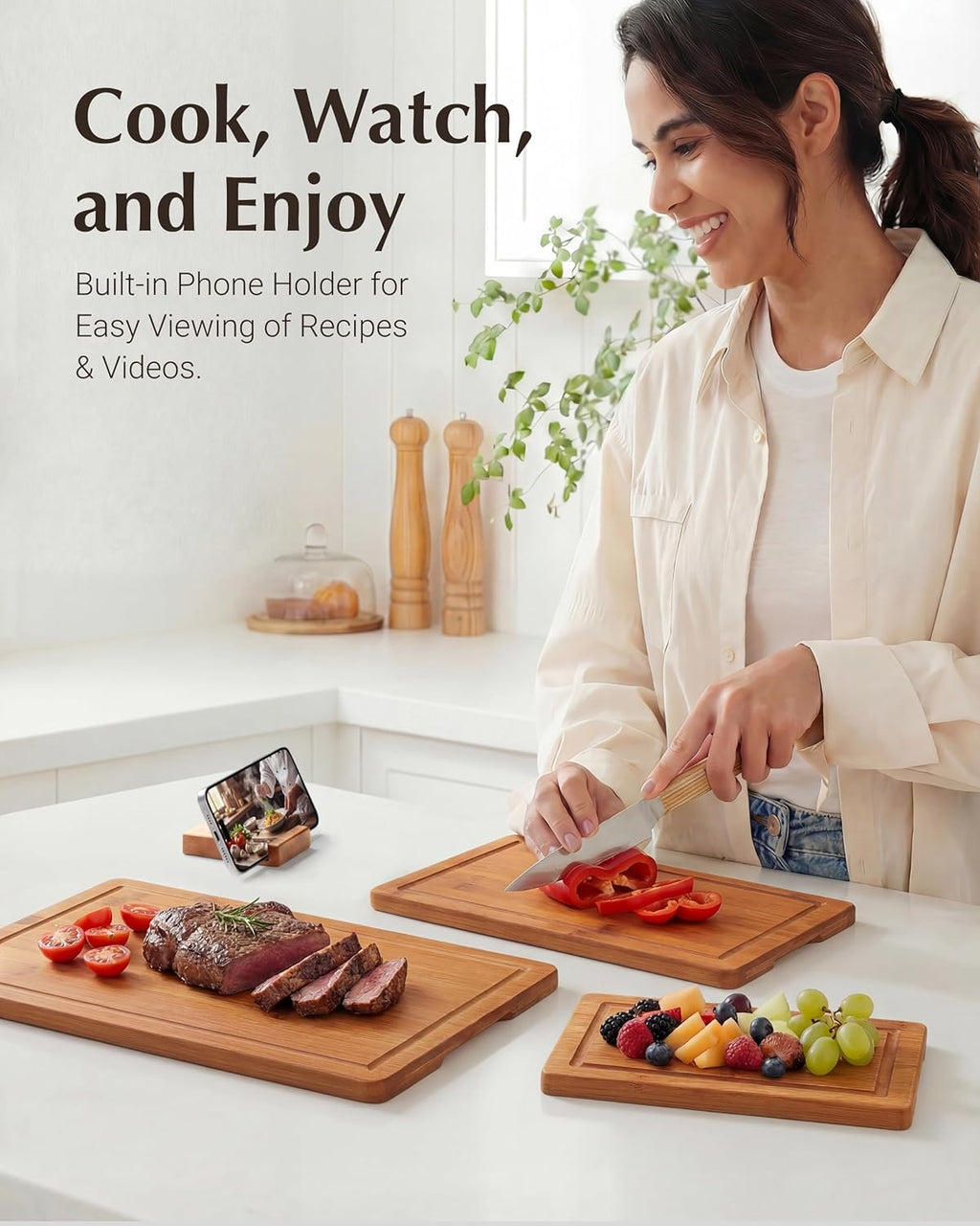 Deep-Carbonized Bamboo Cutting Board Set for Kitchen with Wood Storage Stand, Deep Juice Grooves, Easy-Grip Handles &