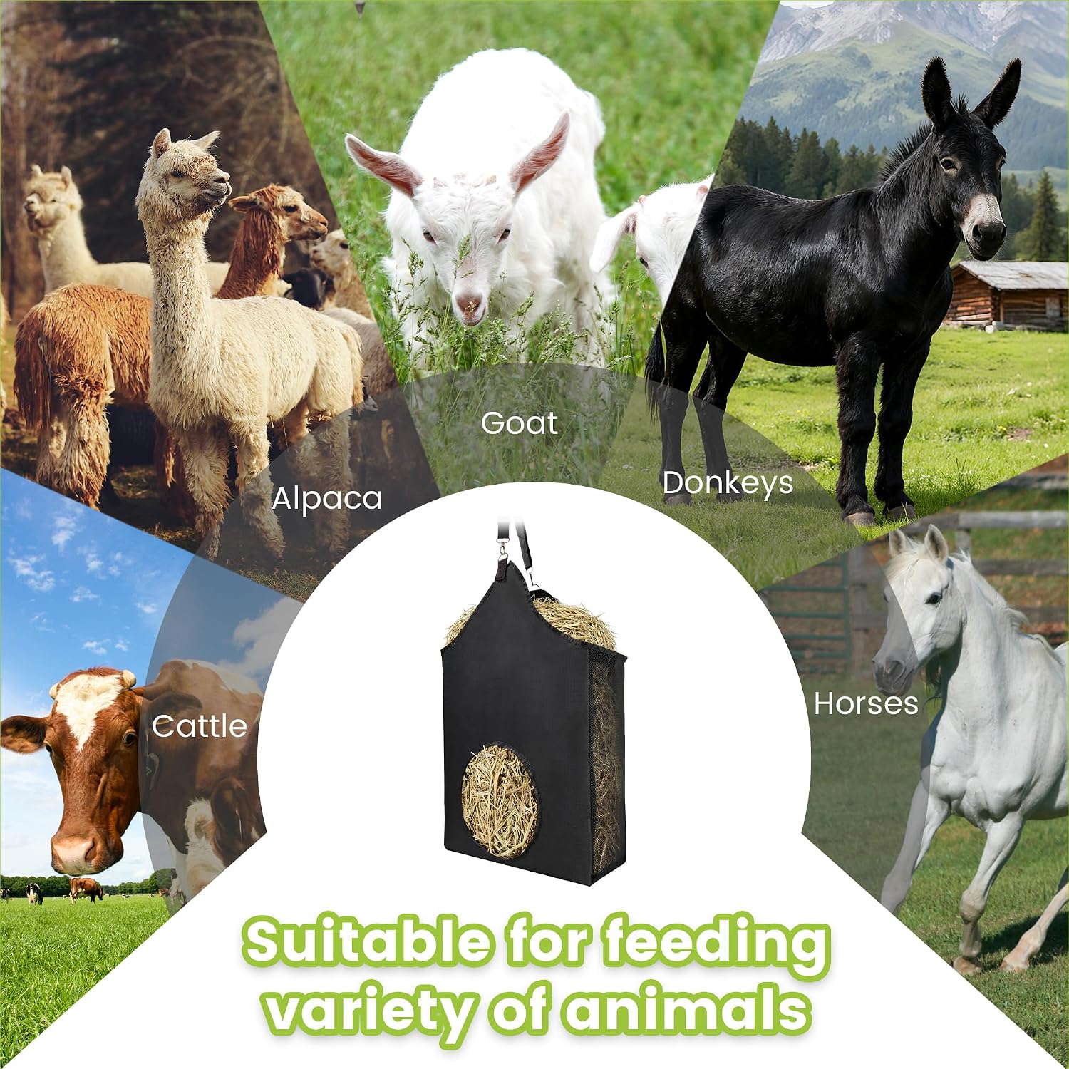 Horse Hay Bag Feeder, Slow Feed Hay Bag Suitable for Goats, Donkeys, and Horses, with Metal Ring and Adjustable Strap