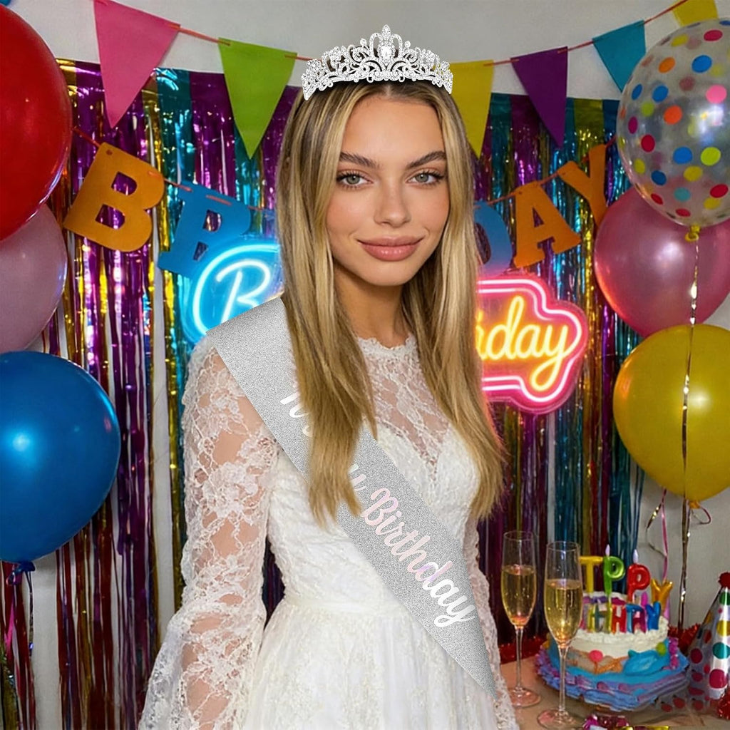 Silver Rhinestone Birthday Tiara and Sash Set, "It's my Birthday" Glitter Sash with Crystal Crown for Women, Birthday