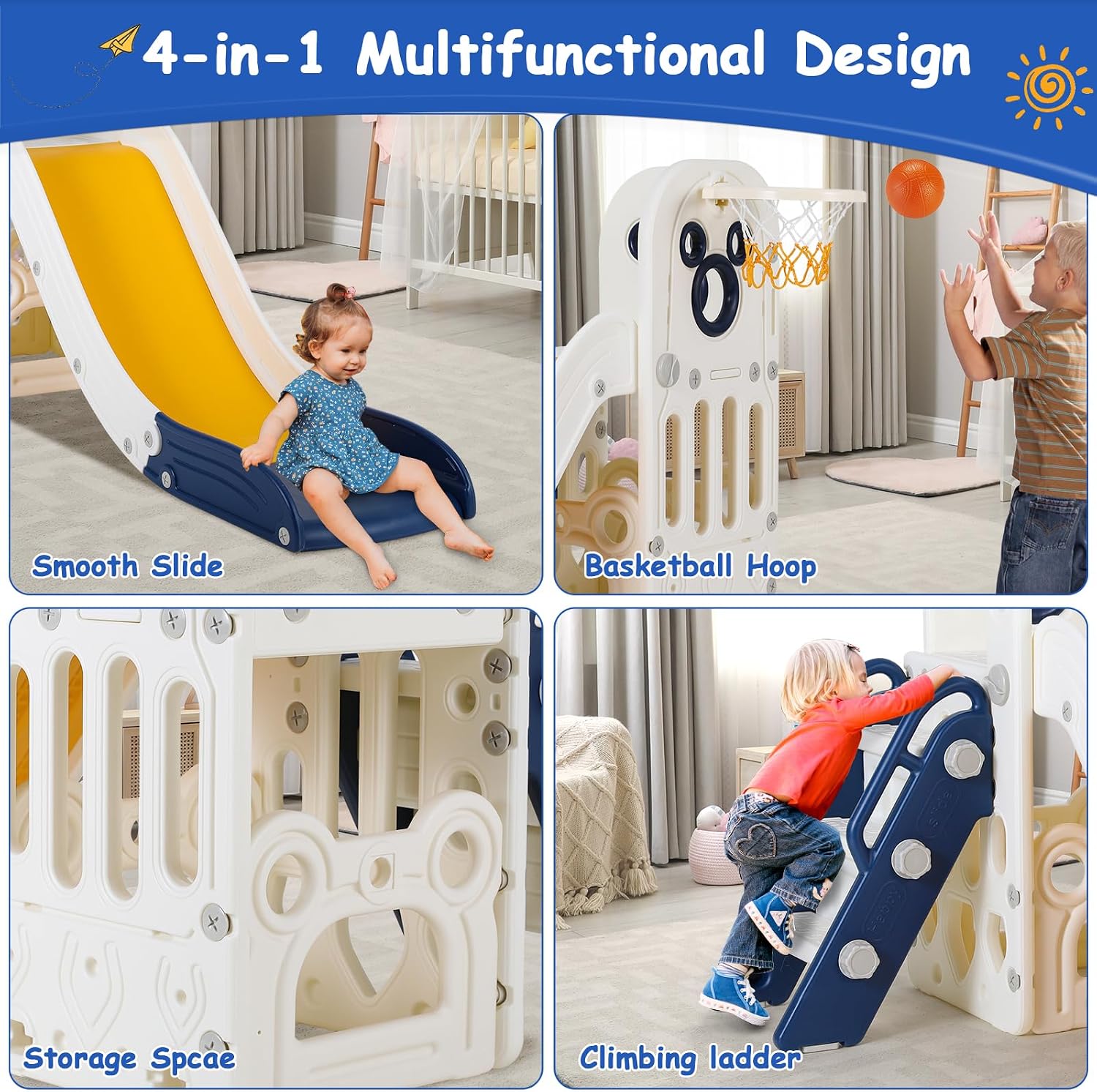 6 in 1 Toddler Slide, Extra-Long Slide for Kids Climber Playset, Indoor Outdoor Playground with Basketball Hoop &