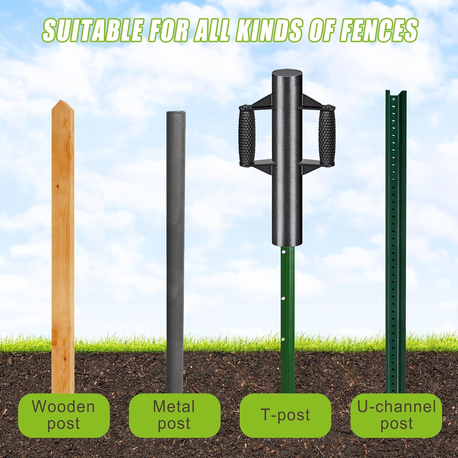 Enhance Fence Post Driver with Anti-Slip Handles T Post Driver, Heavy Duty Steel Post Driver Pounder Hammer for Metal