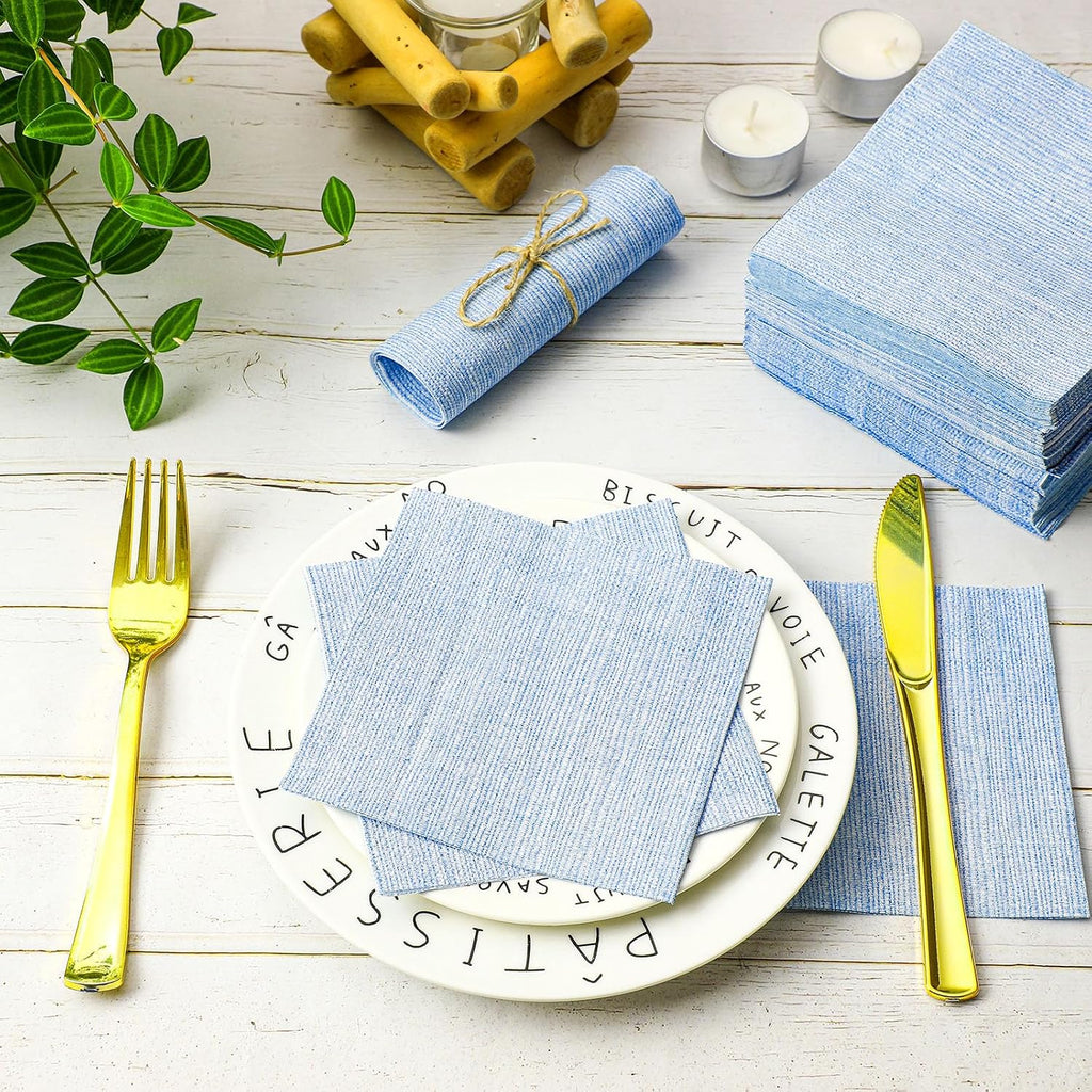 100 Pack Blue Linen Cocktail Napkin 10x10 Inch Disposable Napkins